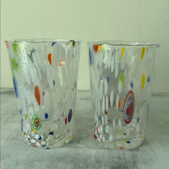 2 Glasses Murano Technique Confetti Drink Glass Tumblers White Blue Red Italy - Picture 11 of 11